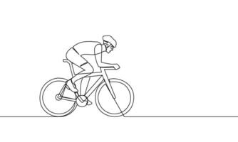 Single kontinuierlich Linie Zeichnung von ein Radfahrer ausüben Geschwindigkeit. Sport Lebensstil Konzept. Radfahren. Spur Radfahren, Straße Radfahren. einer Linie Zeichnung Vektor Illustration