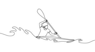 ein Single kontinuierlich Linie Zeichnung von ein Mann Überwindung das Entfernung auf ein Kanu. Kanu Slalom. einer Linie Zeichnung Vektor Illustration