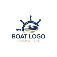 Schiff und Boot Helm Lenkung Rad auf das Welle Wasser Ozean Logo vektor