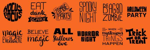 Sammlung von Hand gezeichnet schwarz Halloween Sätze isoliert auf Orange Hintergrund. Vektor Abbildung.