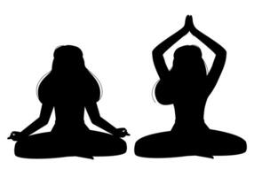 Silhouetten von ein schlank jung Mädchen Wer ist meditieren. Umrisse von ein Frau tun Yoga und Fitness, Sitzung auf das Boden. Vektor Illustration