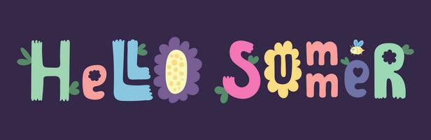 Hallo Sommer- Banner Design. Jahreszeit Berufung, Wochenende, Urlaub Poster, Karte, Header zum Webseite. Sommer- Zeit Karikatur Vektor Beschriftung Text. bunt Urlaub Hintergrund mit Blumen, Blätter, Vogel, Biene