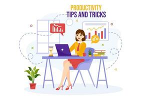 produktivitet tips och lura vektor illustration med marknadsföring produkt för effektiv annons och befordran kampanj till lyft varumärke igenkännande