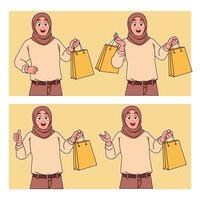 Hijab Frau Tragen Einkaufen Taschen vektor