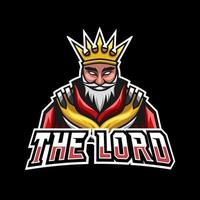 King Lord Sport-Esport-Logo-Design-Vorlage mit Rüstung, Krone, Bart und dickem Schnurrbart vektor