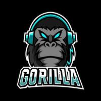 svart gorilla apa apa maskot sport esport logotyp mall med hörlurar vektor