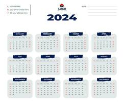 monatlich Kalender Vorlage zum 2024 Jahr, Kalender 2024 Woche Start Sonntag korporativ Design Planer Vorlage. vektor