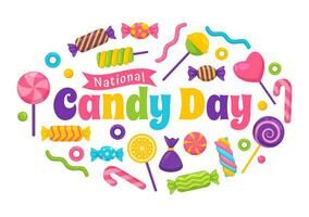 nationell godis dag vektor illustration med annorlunda typer av godis och sötsaker i platt tecknad serie hand dragen bakgrund design mallar