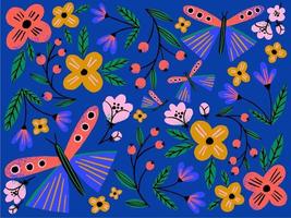 handgezeichnetes kreatives Blumen- und Schmetterlingsmuster auf dunkelblauem Hintergrund. buntes Blumenmuster für Textildesign und Webbanner. vektor