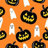 gespenstisch Geister und unheimlich Kürbisse nahtlos Muster, glücklich Halloween Hintergrund. vektor