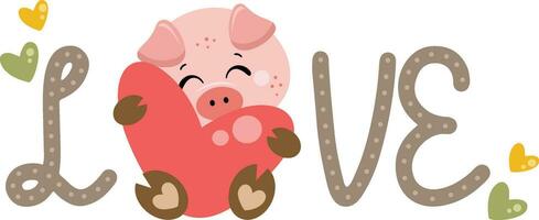 kärlek ord med söt gris innehav en hjärta vektor