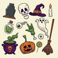Halloween Symbole einstellen mit Schädel, Hexe, Kürbis, Besen, Kessel, Schädel, Hexe vektor