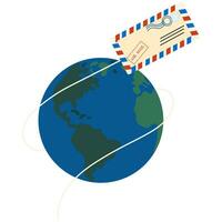 fliegend Mail Papier auf das Welt mit Welt Karte Hintergrund. Welt Post Tag. vektor