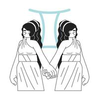 gemini zodiaken tecken svartvit begrepp vektor fläck illustration. kvinnor tvillingar innehav händer 2d platt bw tecknad serie karaktär för webb ui design. astrologi isolerat redigerbar hand dragen hjälte bild