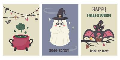 uppsättning av hälsning kort till Lycklig halloween fest. söt rädd spöke i trollkarl hatt, rolig fladdermus med korg, halloween godis, trolldryck kittel, hälsning text. vektor tecknad serie illustration