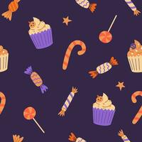 halloween sömlös mönster med godis, ljuv, klubba, bageri. lura eller behandla. vektor illustration