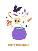 halloween fest affisch, baner, kort, inbjudan. lura eller behandla. häxans kittel, fladdermus, förgifta, svamp, skalle, godis, öga. vektor illustration