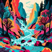 Berg Nächster zu Fluss mit Wasserfall Kunst. Natur Aussicht im psychedelisch Kunst Vektor Illustration. bunt Hintergrund. Vektor eps 10.