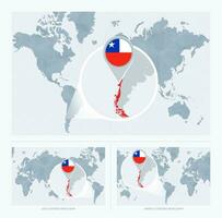 förstorade chile över Karta av de värld, 3 versioner av de värld Karta med flagga och Karta av Chile. vektor