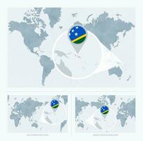 vergrößert Solomon Inseln Über Karte von das Welt, 3 Versionen von das Welt Karte mit Flagge und Karte von Solomon Inseln. vektor