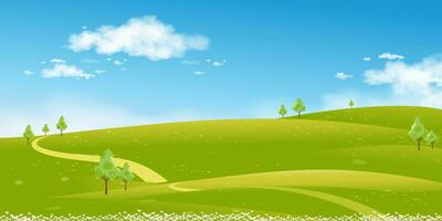 vår landskap grön fält, berg, blå himmel och moln bakgrund, horisont fredlig lantlig natur solig dag sommar med gräs land.tecknad film vektor illustration för vår och sommar baner