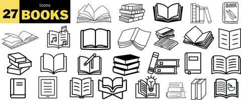 Vektor Illustration Eigenschaften ein einstellen von 27 Buch Symbole, perfekt zum verwenden im ein Vielfalt von Projekte, eine solche wie Webseiten, Präsentationen, und Marketing Materialien. das Symbole sind einfach und einfach zu verstehen,