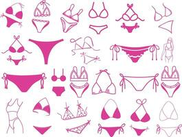 feiern National Bikini Tag mit diese Symbol einstellen von Badeanzüge im verschiedene Stile und Muster, Ideal zum Sommer- und Strand Projekte, auf Weiß Hintergrund. vektor
