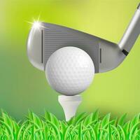 realistisk detaljerad 3d golf boll och pinne på en grön fält bakgrund. vektor