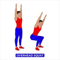Vektor Mann tun Overhead Hocken. Körpergewicht Fitness Beine trainieren Übung. ein lehrreich Illustration auf ein Weiß Hintergrund.