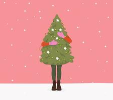 flicka innehav jul träd. söt jul hälsning kort. vektor
