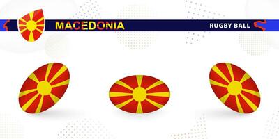 Rugby Ball einstellen mit das Flagge von Norden Mazedonien im verschiedene Winkel auf abstrakt Hintergrund. vektor