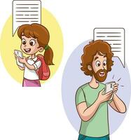 Vater und Tochter SMS auf Zelle Telefon. Vektor Illustration im Karikatur Stil.