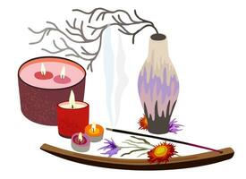 arom ljus och pinne på trä- tallrik omgiven med torr blommor och gren på vas. hygge begrepp. vektor isolerat illustration
