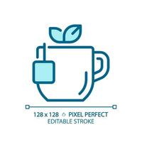 Tee Pixel perfekt Blau rgb Farbe Symbol. wohltuend heiß trinken. warm Getränk. Englisch Frühstück. Kräuter- Infusion. isoliert Vektor Illustration. einfach gefüllt Linie Zeichnung. editierbar Schlaganfall