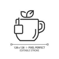 Tee Pixel perfekt linear Symbol. wohltuend heiß trinken. warm Getränk. Englisch Frühstück. Kräuter- Infusion. dünn Linie Illustration. Kontur Symbol. Vektor Gliederung Zeichnung. editierbar Schlaganfall