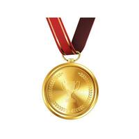 realistisk gyllene medalj på röd band. sporter konkurrens utmärkelser för först plats. mästerskap belöningar för prestationer och segrar. vektor