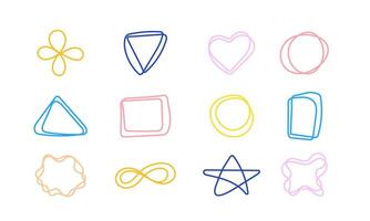 klotter former färgrik rader. hand dragen cirkel, stjärna, triangel, hjärta. uppsättning av abstrakt form för dagbok eller social media. geometrisk dekorativ element. klottra formulär. vektor illustration