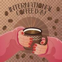 International Kaffee Tag Banner. realistisch Getränk Tasse im Frau Hände mit fliegend Kaffee Bohnen. vektor