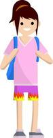 jung Mädchen im ein Rosa T-Shirt, kurze Hose und ein Rucksack winken. Frau im Sommer- Sportbekleidung. Schüler und Reisender. Karikatur eben Illustration vektor