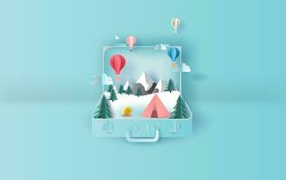 Illustration von Luftballons schwebend Reise Urlaub Zelt Camping Ausflug Winter Koffer Konzept.Grafik zum Schneefall Winter Jahreszeit Papier Schnitt und Kunst Stil.kreativ Design Idee zum Weihnachten Tag. Vektor. vektor