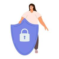 cyber säkerhet cyber säkerhet och Integritet begrepp. kvinna innehav uppkopplad skydd skydda som symbol av försvar och säkra. person försvara och skyddande data. vektor illustration.
