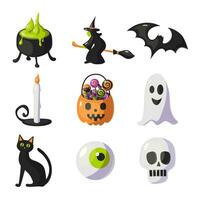 Halloween Karikatur einstellen mit Hexe, Schläger, Auge, Katze, Kürbis, Geist, Kerzen, Schädel, Kessel Trank vektor