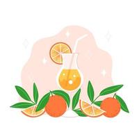 kall dryck, apelsiner och blad i platt stil vektor