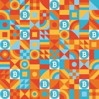 Einfaches geometrisches Muster mit blauem Zeichen der Kryptowährung Bitcoin-Symbolzeichen-Vektorillustration vektor