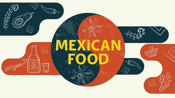 Illustrationsskizze für das Design ein Balance-Zeichen mit der Aufschrift mexikanisches Essen Sonne eine Flasche Tequila-Kaktus-Chili-Pfeffer vektor
