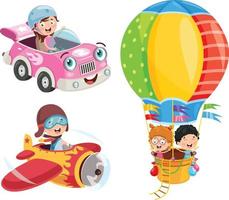 Kinder mit Auto, Flugzeug und Heißluftballon vektor
