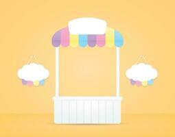 süß kawaii Weiß Kiosk mit bunt Pastell- Markise und Wolke hängend Zeichen 3d Illustration Vektor