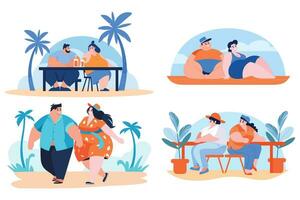 Hand gezeichnet Übergewicht Touristen entspannend durch das Meer auf Ferien im eben Stil vektor