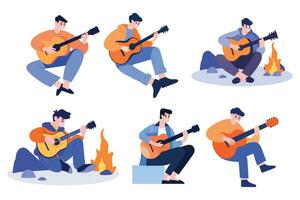 Hand gezeichnet männlich Musiker spielen akustisch Gitarre im eben Stil vektor