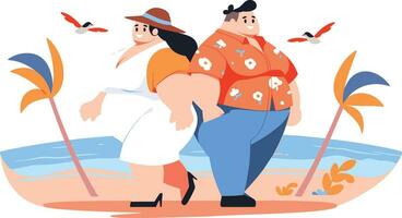 Hand gezeichnet Übergewicht Touristen entspannend durch das Meer auf Ferien im eben Stil vektor
